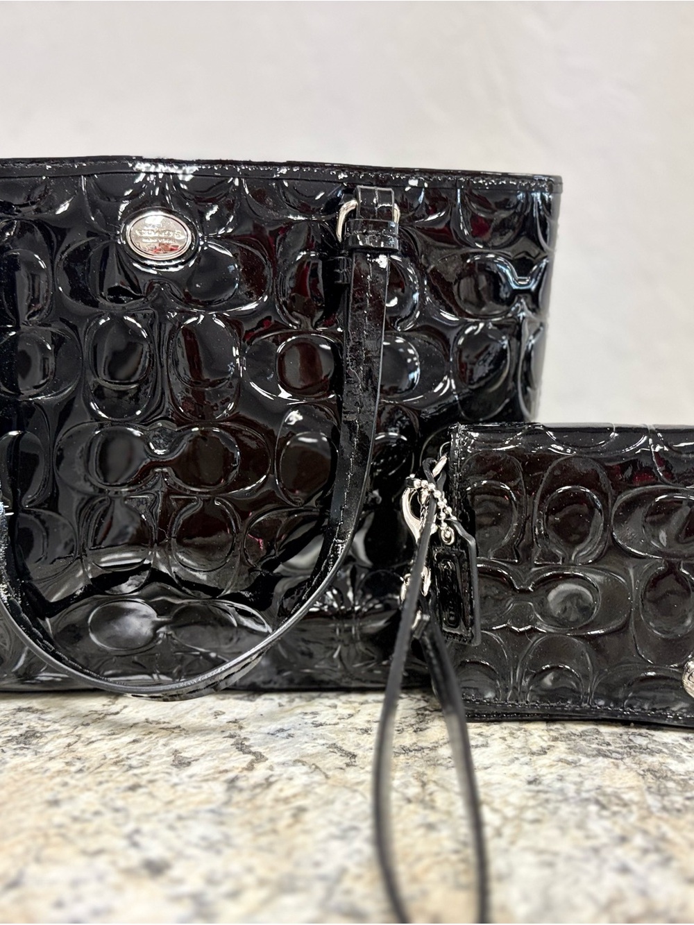 Coach Black Patent Signature Embossed Tote with Matching Wristlet